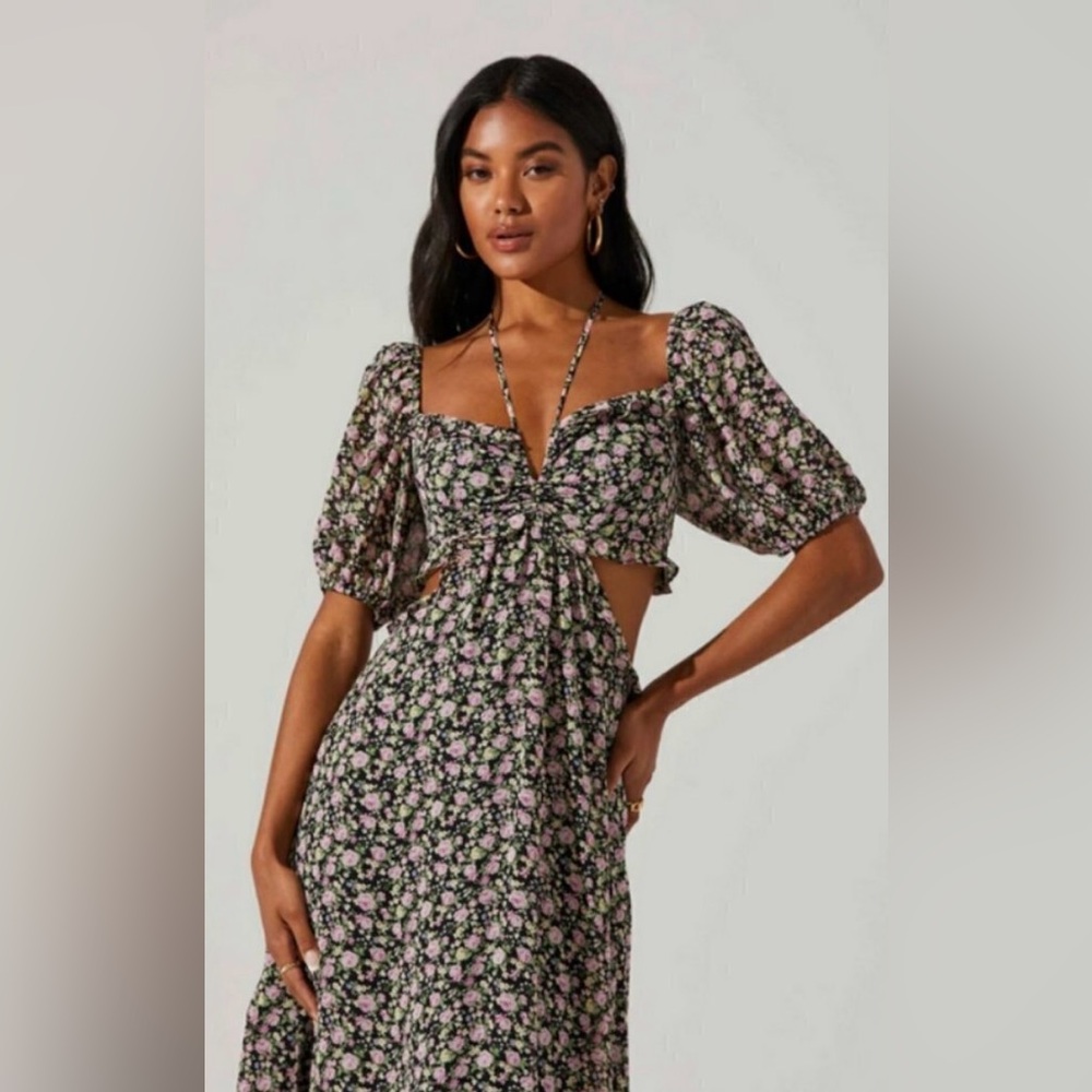ASTR Floral Ruffle Cutout Midi Dress